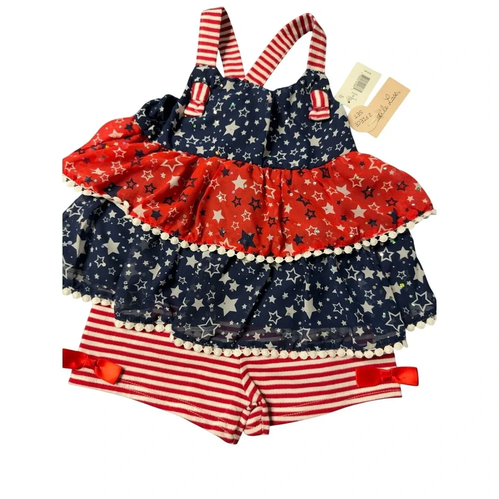 Little Lass Girls 2 Piece Patriotic Star Ruffle Outfit Set Sz 6 NWT 4th of July - Picture 2 of 8